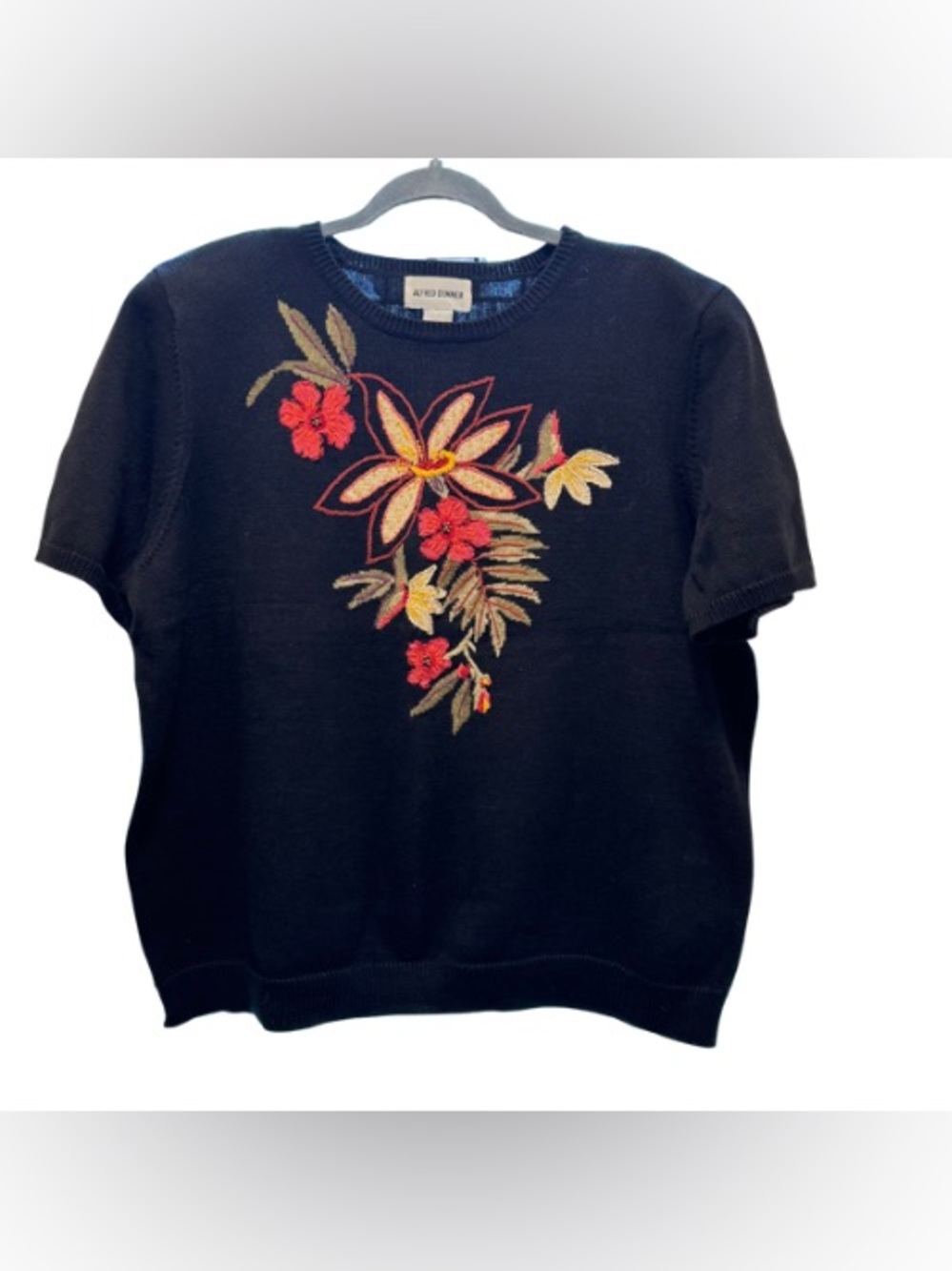 Alfred Dunner Black Floral Embroidered Short-Sleeve Sweater Size XL Grannycore